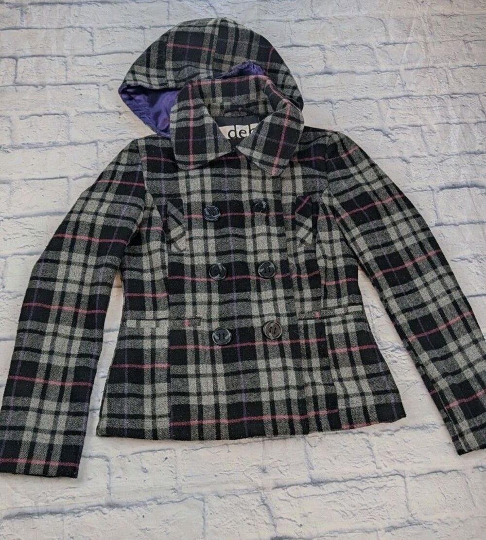 VTG Y2K Deb Size S Wool Blend Jacket Coat Peacoat winter Plaid Purple